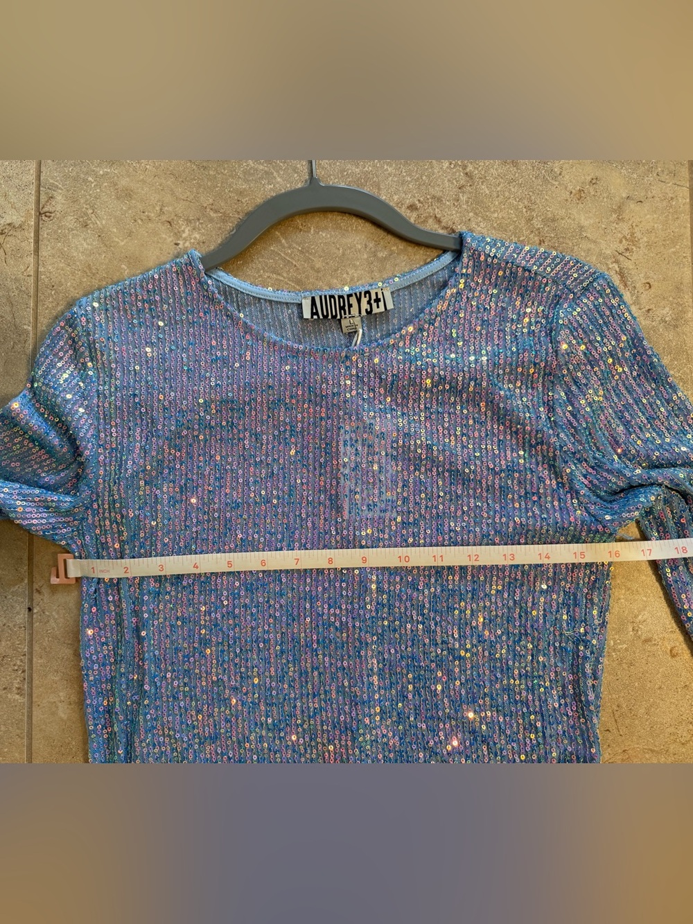 🩵🩷Audrey 3+1 Holiday Party Blue Cotton Candy Sequin Long Sleeve Crop NWT Large - Picture 3 of 13